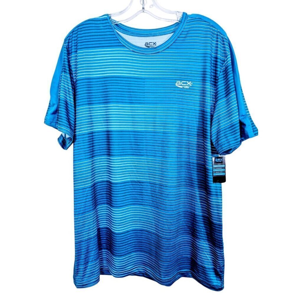ACX Active New Athletic Top Shirt Mens Large Short Sleeve Blue Stripe Gym Casual